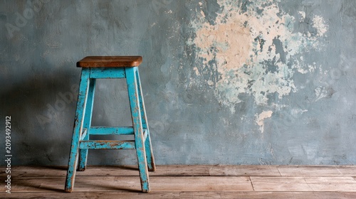Rustic blue stool stands against weathered, textured wall