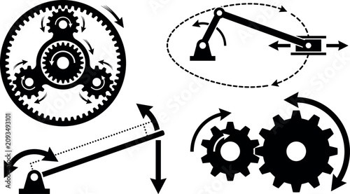Schilderij op canvas Mechanical gear system with planetary drive and engine crankshaft piston linkage elements