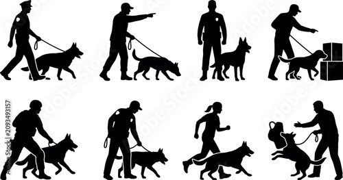 Foto Police dog silhouettes set with handlers K9 officers sniffing contraband and pat