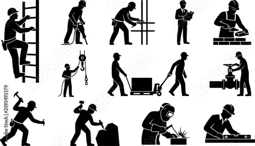 Tableau sur toile Set of silhouettes depicting diverse manual workers engaged in various industrial tasks