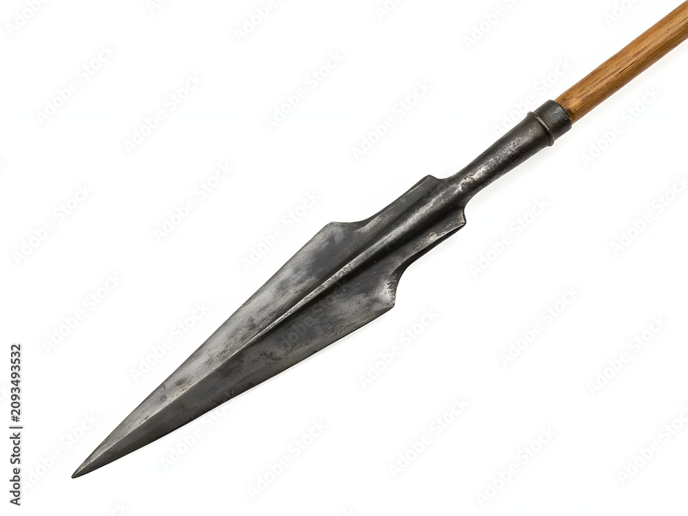 Fototapeta premium Ancient metal spear head with wooden shaft isolated on white background