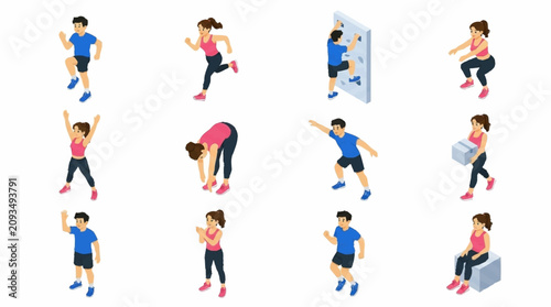 Foto Colorful cartoon characters performing various exercises and activities