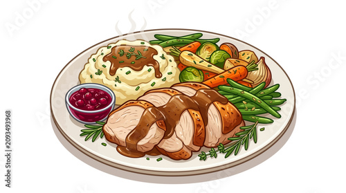 Roasted turkey breast dinner plate with mashed potatoes, gravy, vegetables, and cranberry sauce, vector illustration isolated on white