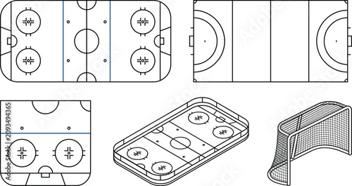 Canvas Print Ice Hockey Rink Layout Vector Set with Ice Field Markings, Isometric Arena Views