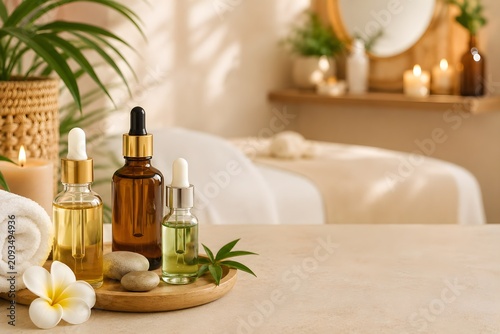Luxury Spa Wellness Still Life with Essential Oil Bottles, Towels, Candles and Tropical Leaves on Natural Background with Copy Space. 