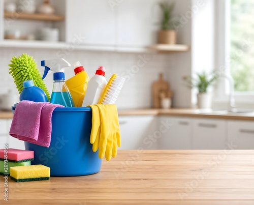 Professional House Cleaning Supplies in Blue Bucket on Wooden Table with Modern Kitchen Background and Copy Space. 