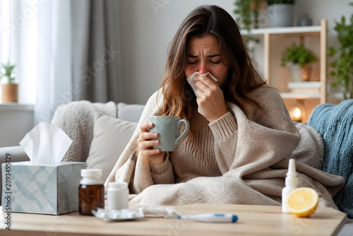 Young Sick Woman with Flu Drinking Hot Tea at Home, Cold and Seasonal Illness Recovery Concept. 