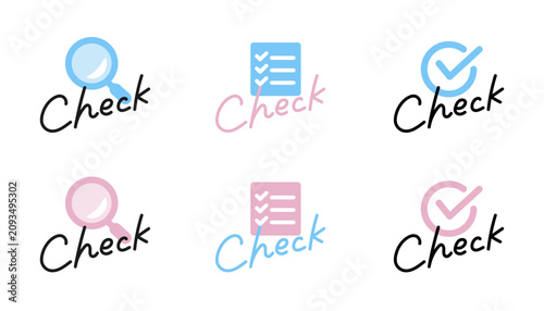 Obraz w ramie 手書き筆記体「Check」×アイコン組み合わせロゴ風素材セット・虫眼鏡・チェックリスト・チェックマーク×ブルー・ピンク6種・SNS・LP・バナー・ブログ見出し用ベクターイラスト素材