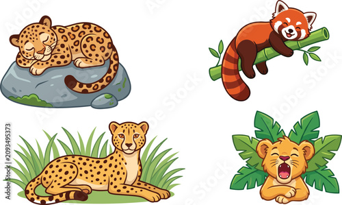 Photography Set of cute cartoon wild animal characters including leopard red panda cheetah a