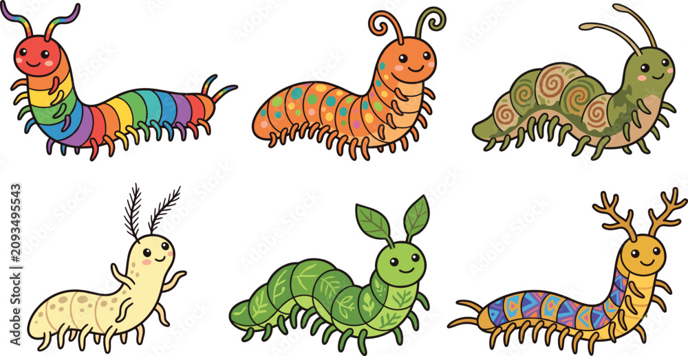 Obraz premium Set of cute colorful caterpillar characters with various patterns and designs for kids education vector illustration