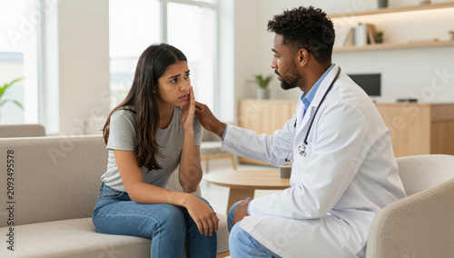 Doctor consultation patient anxiety medical office caring doctor worried woman health care mental health clinic interior emotional support patient exam