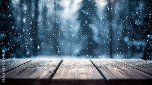 unanimity. Winter wooden surface with gentle snowfall, cold seasonal atmosphere. travel magazines, destination branding, designed for outdoor magazines and nature guides, inspires travel planning.

