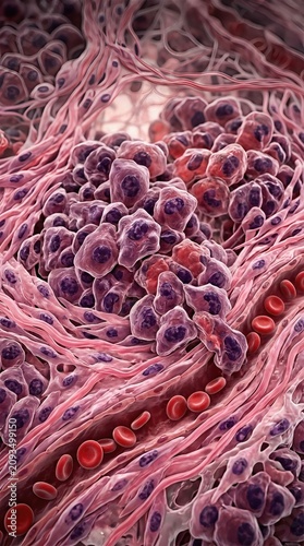 Cancer cell cluster displaying malignant proliferation, irregular cellular growth, and disease spread, observed within human tissue microstructure, an oncology pathology study.