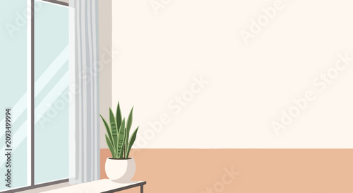 Canvastavla A minimalist vector illustration of a snake plant in a white pot beside a window with light blue glass and sheer curtains against a two-toned wall