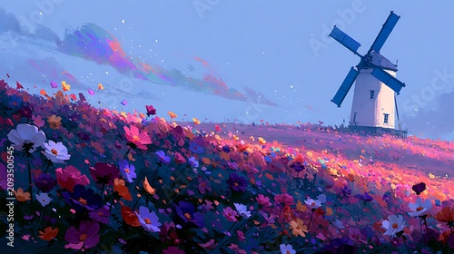 Beautiful watercolor-style spring landscape illustration featuring windmills and colorful flower fields.