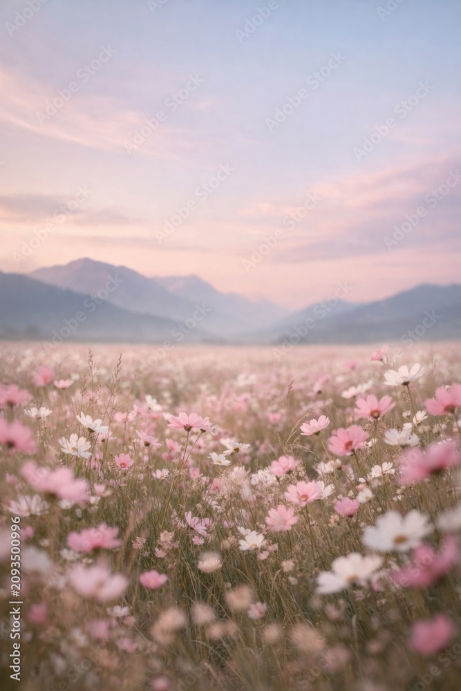 Obraz premium Serene floral landscape at dawn.