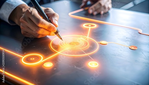 Designer creating a digital process flow with illuminated connection points, illustrating workflow optimization, strategy, and technology integration.