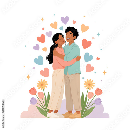 Fotografía Loving Couple Embracing Among Colorful Hearts and Flowers