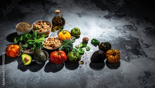 Fresh vegetables nuts and ingredients on dark stone.