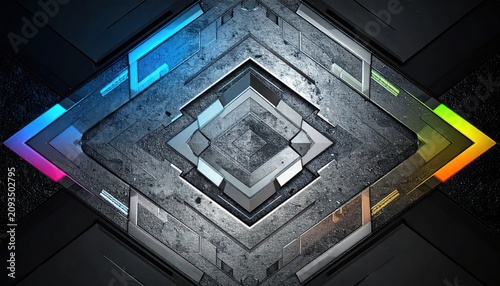 Futuristic geometric metal structure with neon light accents.