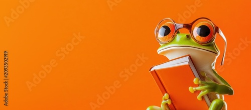Cute green cartoon-style frog wearing glasses holding a small book on an orange background