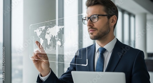 Focused businessman in glasses interacts with a futuristic holographic interface displaying global data and charts in a modern office setting.