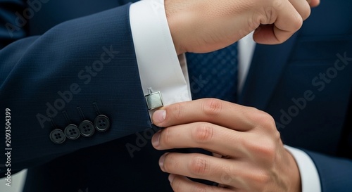 Man Adjusting Silver Cufflinks on His Blue Suit Sleeve