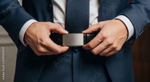 Man in Dark Suit Adjusting Leather Belt Buckle with Metallic Clasp