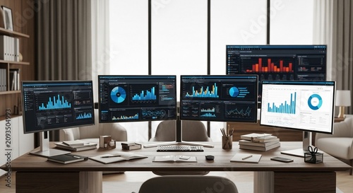 Multiple Computer Monitors Displaying Financial Data and Charts in a Modern Office Workspace
