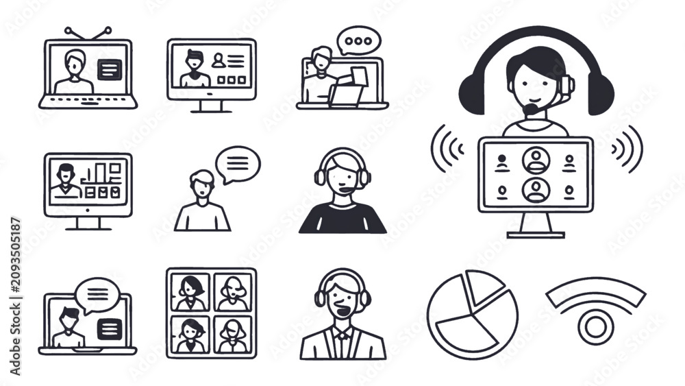 Fototapeta premium Video call and customer support vector icon set with headset conference chat laptop and communication symbols