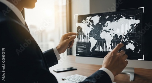Professional business executive analyzing global data trends on a computer screen in a modern office setting, showcasing strategic planning and technological insight.