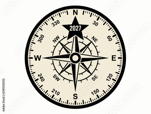 Compass rose design with cardinal and intermediate directions degree markings and a black star at the north point displaying the year 2027