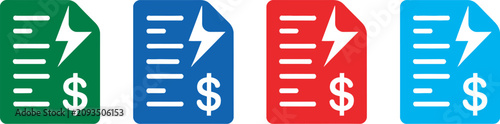 Electricity bill cost document icon set with utility invoice, energy payment, electric bill file, and expense management symbols for finance applications, online billing, payment tracking,