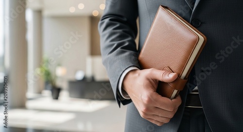 Professional executive holding a brown leather agenda or planner in a modern office environment