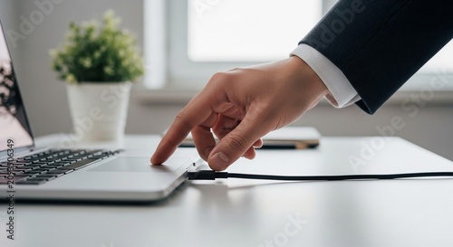 Professional Hand Connecting a USB Cable to a Laptop on a Desk, Demonstrating Technology and Business Operations