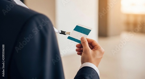 Professional hand holding a blue and white striped event access identification badge on a lanyard