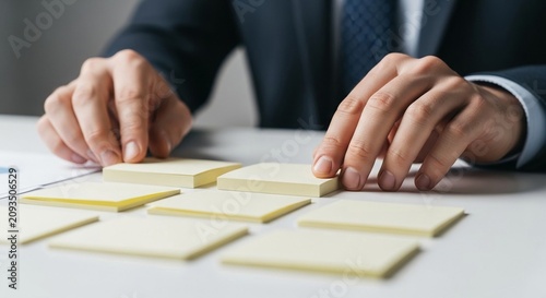 Professional hands carefully arranging yellow sticky notes on a desk for strategic planning.