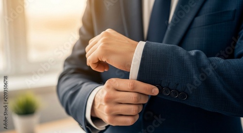 Professional man adjusting his navy blue suit blazer and shirt cuff