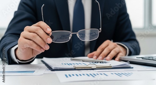Professional man in suit holding glasses over financial documents and charts on office desk