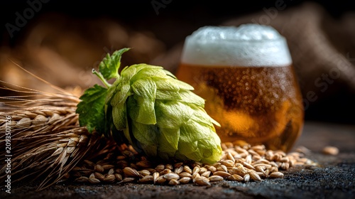 Macro view of fresh hop cone, barley grains, and beer foam, essential brewing ingredients