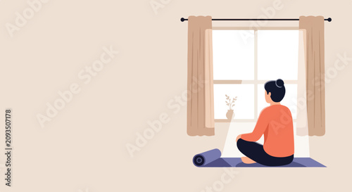 Fotografie A young woman sits in a meditative pose on her yoga mat, peacefully gazing out the window at the morning sunlight in a minimalist vector illustration
