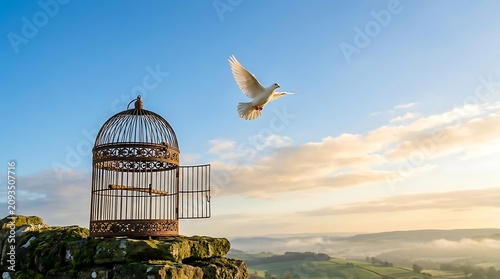 White bird escaping open cage on rocky hillside at sunrise