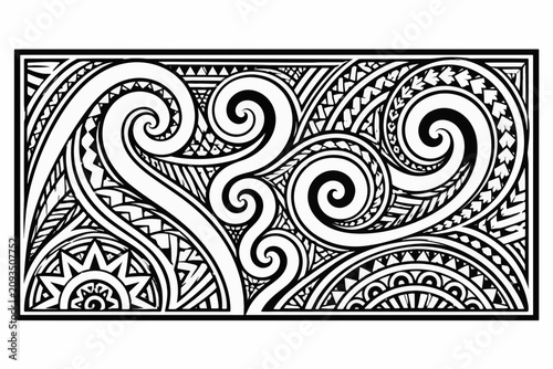 Polynesian tribal tattoo ornament in black and white vector style, traditional Maori-inspired decorative design with copy space