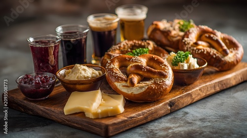 Oktoberfest breakfast board with soft pretzels, butter, jam, and beer