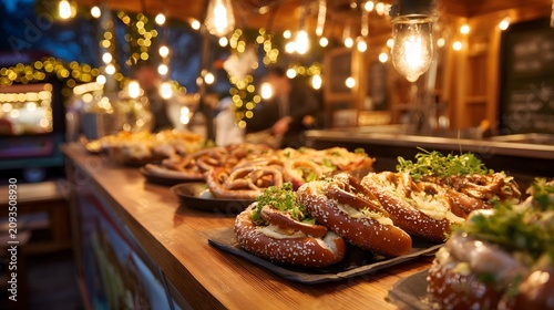 Gourmet sausages and pretzels served at a festive outdoor food stall