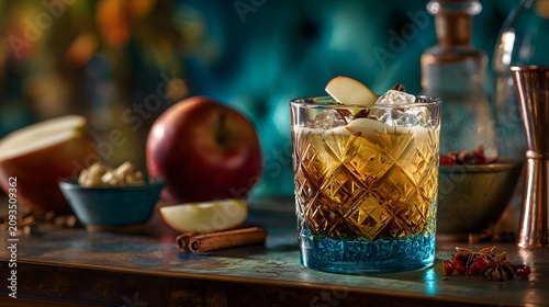 Autumnal apple cocktail with cinnamon and star anise on a bar counter