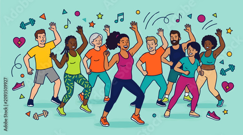 Diverse Group of People Dancing in a Lively Zumba Fitness Class, Energetic Workout with Music and Geometric Shapes, Flat Vector Illustration