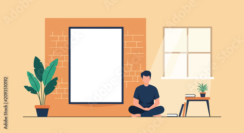 Quadro su tela A flat vector illustration shows a man sitting calmly on the floor next to a large blank frame on a brick wall in a cozy room