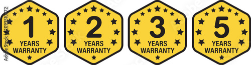 Foto Golden hexagon warranty badge set featuring 1 year, 2 year, 3 year, and 5 year g