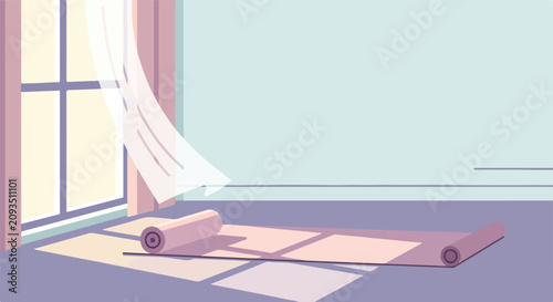 Fotografie A serene interior scene featuring an unrolled yoga mat on a sunlit floor by a window with breezy curtains blowing in the morning light